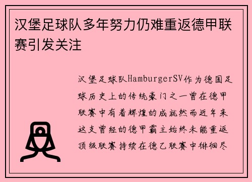 汉堡足球队多年努力仍难重返德甲联赛引发关注